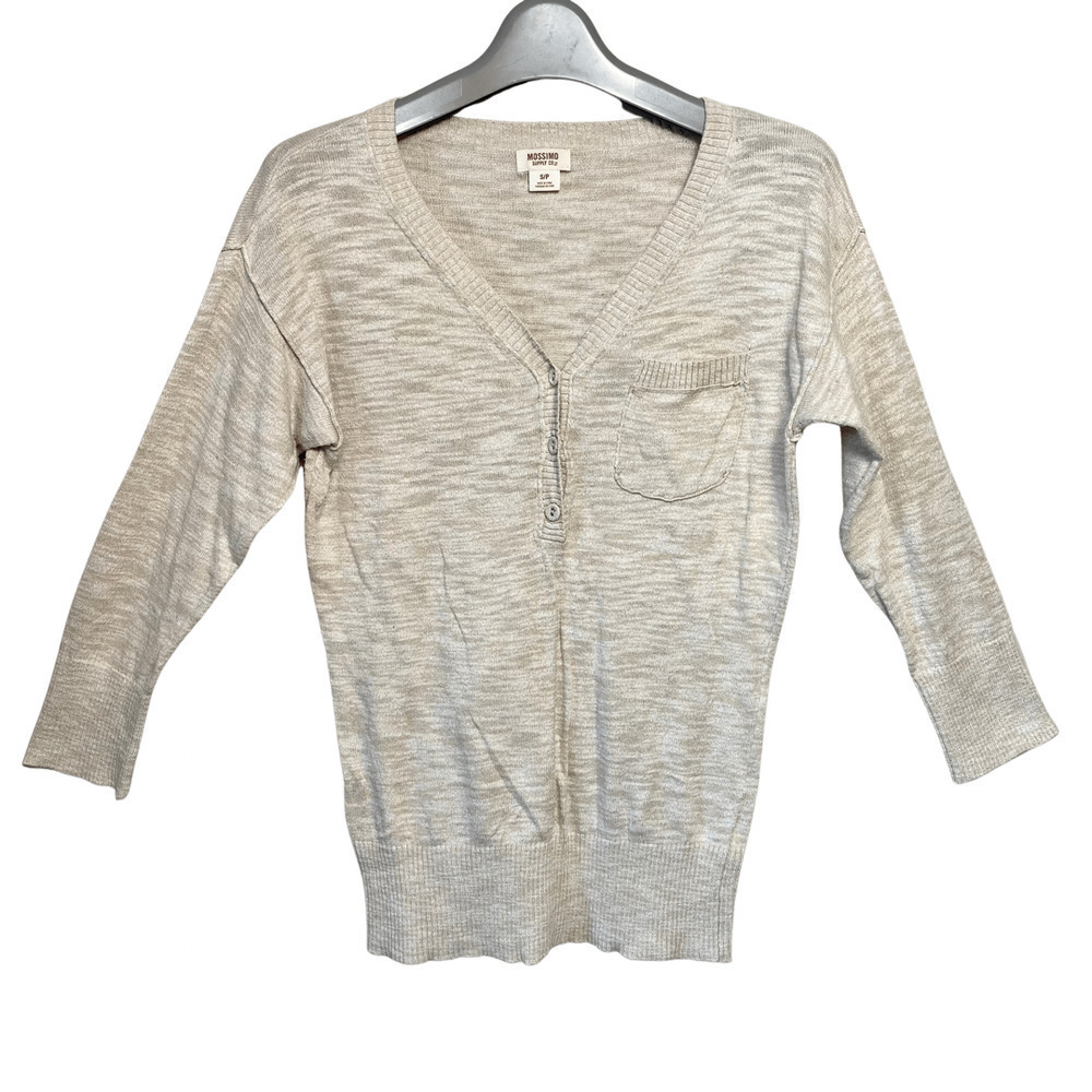 3/$30 MOSSIMO Top Henley Button 3/4 Sleeve Brown Tan Beige Rib Knit Pocket S